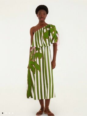 FARM Rio Green & White One-Shoulder Striped Midi Dress with Pink Accents